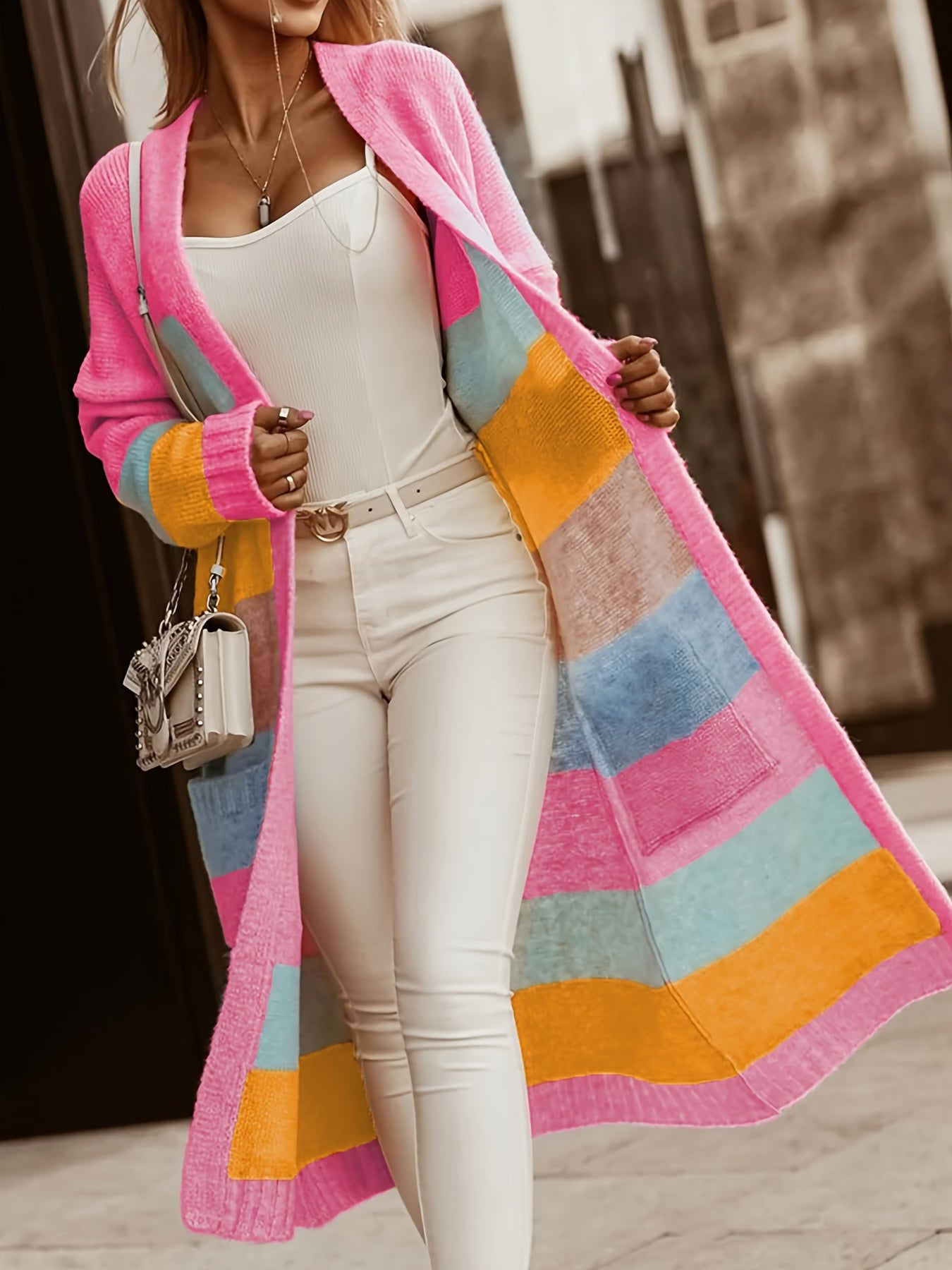Color Block Open Front Cardigan, Casual Drop Shoulder Patched Pocket Long Sleeve Rib Knit Striped Cardigan, Women's Clothing